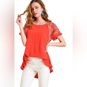 Womens UMGEE Embroidered Orange Linen Blend Tunic Top Boho style Sz M